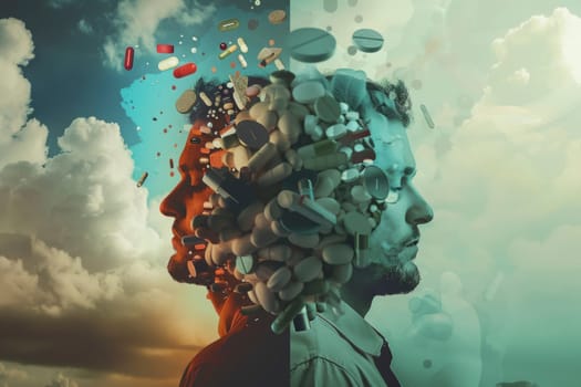 This dual-sided portrait reveals the stark contrast between a man's calm demeanor and a tumultuous inner turmoil