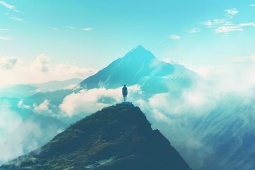A lone figure stands on a mountain peak, enveloped by mist, gazing towards the horizon. The image captures a moment of profound solitude and the grandeur of nature's majesty, evoking a sense of adventure and introspection
