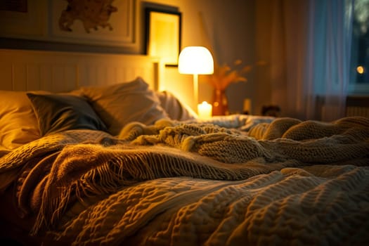 A warmly lit bedroom offers a cozy refuge with a stunning night view, embodying comfort and relaxation at the end of the day. The scene is a perfect blend of home comfort and urban scenery