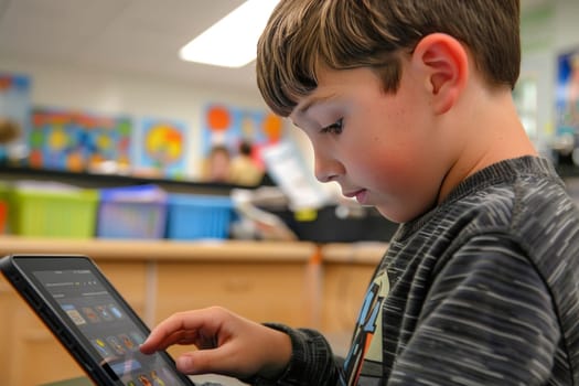 A young student with autism is engrossed in an interactive learning tablet, highlighting the impact of technology on education.