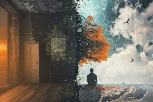 In this visual metaphor, a person sits contemplating a serene autumn scene, while the room behind crumbles into decay and storm. It represents the inner peace one can maintain despite the surrounding turmoil