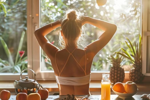 A young woman enjoys a moment of tranquility in the morning light, surrounded by fresh fruits and a serene garden view. The image captures the essence of a healthy lifestyle and peaceful start to the day