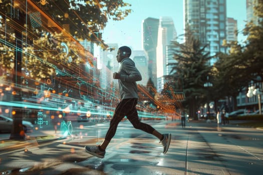 A man runs through a futuristic cityscape, surrounded by augmented reality interfaces. The digital overlays merge seamlessly with the urban environment