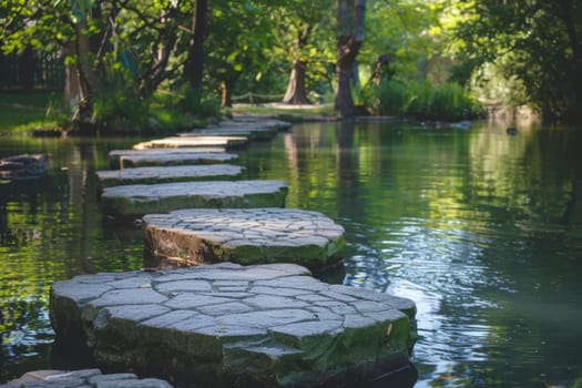 Stepping stones create a serene path across a calm river, framed by lush greenery. The tranquil scene invites contemplation and a slow, mindful crossing