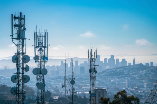 A panoramic view captures a sprawling cityscape with towering communication masts standing as sentinels. This image symbolizes the interconnected nature of modern urban life and the technology enabling it
