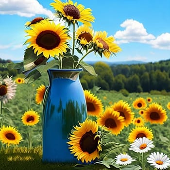 Captivating summer backdrop with a mix of sunflowers and daisies set against a clear blue sky.