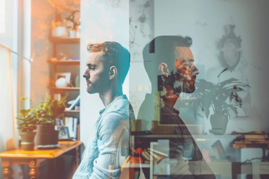 A composite image showcases a man's profile split between vibrant life and a shadowy existence, questioning reality and perception