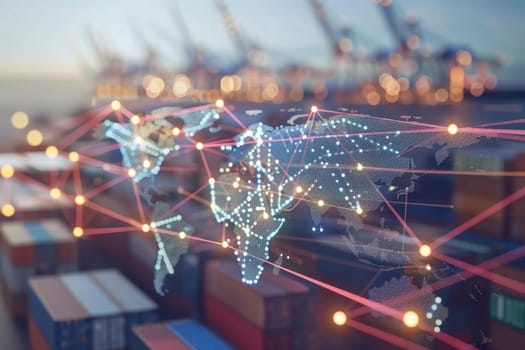 This image offers a visual representation of a global supply chain, showcasing interconnected trade routes overlaying a busy port. It illustrates the complexity and scope of worldwide logistics