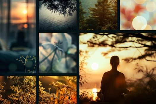 A collage of diverse scenes captures the beauty of nature and the essence of peaceful solitude. Each image tells a story of quiet contemplation and the calming effect of nature's embrace