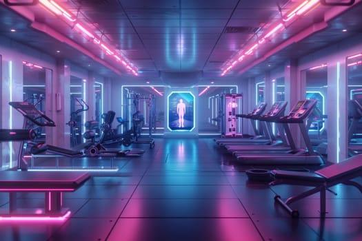 A state-of-the-art gym is illuminated by neon lights, featuring holographic trainers and advanced fitness equipment. The atmosphere radiates a futuristic vibe where technology enhances workout experiences