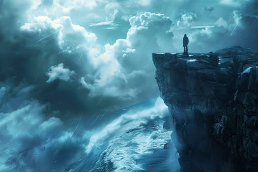 A solitary figure stands on a cliff's edge, overlooking the turbulent sea, in a moment of profound contemplation