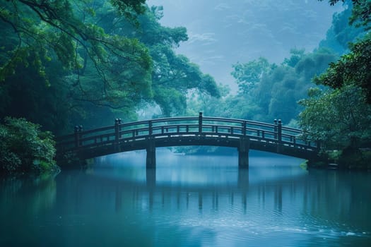 A traditional wooden bridge arches gracefully over a misty river in a tranquil forest setting. The scene embodies peace and the connection with nature