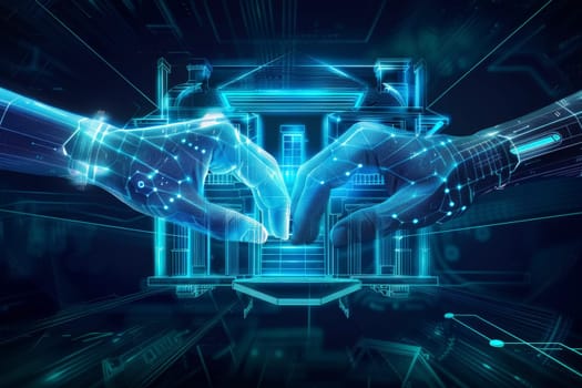 A conceptual image showcasing a digital handshake forming above a cybernetic cityscape, symbolizing technology-driven agreements. The radiant blue tones and circuit-like city below highlight the blend of human interaction and advanced technology