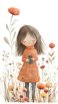 A young girl with brown hair and bangs is playing in a field of flowers, holding an orange toy cell phone. She is dressed in a fashion design outfit with a wig and fashion accessories