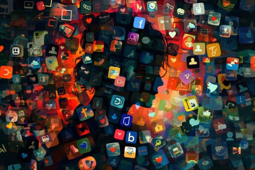 A silhouette is immersed in a plethora of social media icons, reflecting the digital era's influence. The vibrant composition symbolizes our online personas