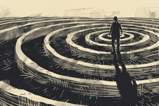 A sketched illustration portrays a symbolic journey through layers of consciousness, with a solitary figure approaching an enigmatic doorway. The artwork explores themes of self-discovery and the human psyche