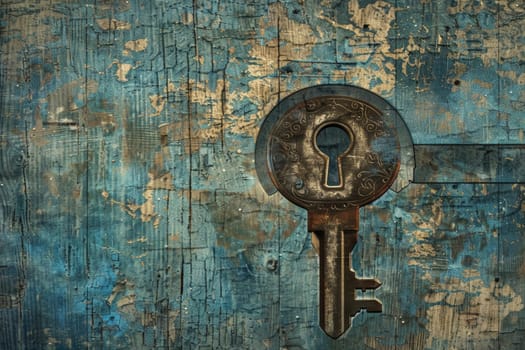 An antique key inserts into a vintage lock on a distressed wooden surface, symbolizing discovery and unlocking mysteries