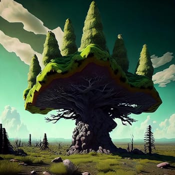 Post-nuclear Wilderness. Landscape transformed by nuclear fallout, featuring mutated flora, eerie rock formations, and a toxic sky tinged with ominous hues.