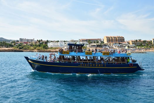 Protaras, Cyprus - Oct 10. 2019. Discovery I -Sightseeing ship with the tourists sets sail