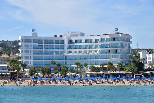 Protaras, Cyprus - Oct 10. 2019. Vrissaki - hotel on famous Sunrise Beach