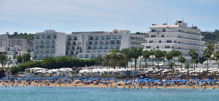 Protaras, Cyprus - Oct 10. 2019. number of hotels on the popular Sunrise Beach