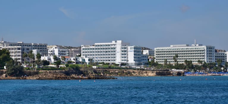 Protaras, Cyprus - Oct 10. 2019. View of resort hotels from the sea