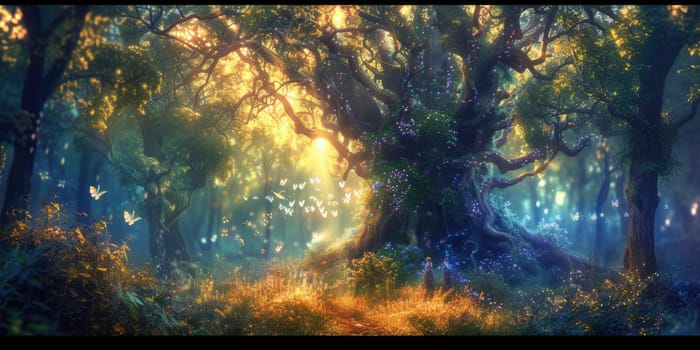 A magical forest at twilight, ethereal light filtering through trees, fairies dancing around an ancient oak. Resplendent.