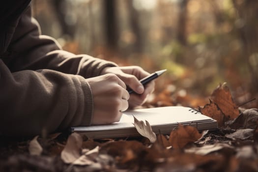 Autumn forest writing notebook. Student education. Generate Ai