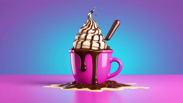 Delicious ice cream coffee dessert in cup, beautifully presented on vibrant pink background. For advertising, banner, relaxation, lifestyle, menu, dessert, culinary, cafe themed content. Copy space