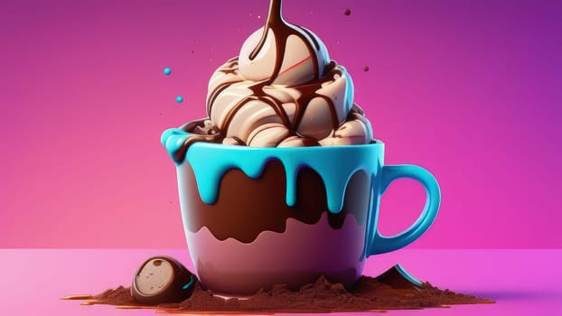 Luxurious and tempting process of pouring rich and creamy chocolate into cup with ice cream, coffee. For advertising, banner, relaxation, menu, dessert, culinary or cafe themed content. Copy space