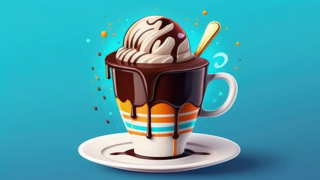 Delicious chocolate ice cream coffee dessert served in cup on pastel background, ready to be enjoyed. For advertising, banner, relaxation, menu, dessert, culinary or cafe themed content. Copy space