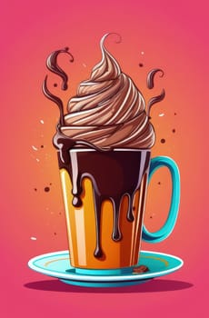 Delicious ice cream coffee dessert in cup, beautifully presented on vibrant pink background. For advertising, banner, relaxation, lifestyle, menu, dessert, culinary, cafe themed content. Copy space