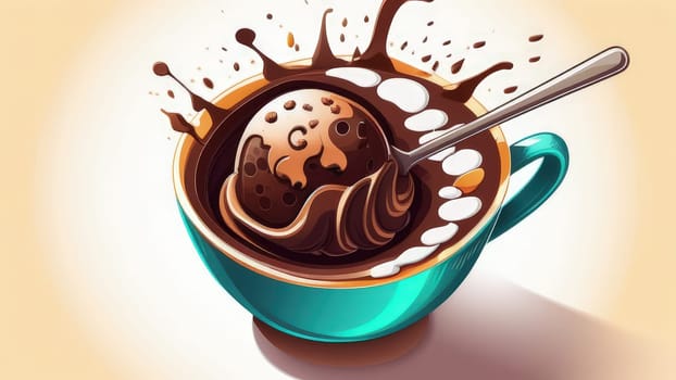 Luxurious and tempting process of pouring rich and creamy chocolate into cup with ice cream, coffee. For advertising, banner, relaxation, menu, dessert, culinary or cafe themed content. Copy space