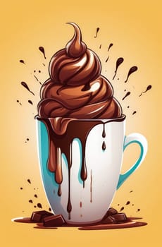 Luxurious and tempting process of pouring rich and creamy chocolate into cup with ice cream, coffee. For advertising, banner, relaxation, menu, dessert, culinary or cafe themed content. Copy space