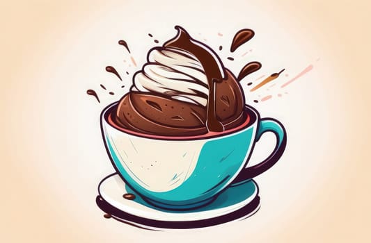 Tempting serving of chocolate ice cream in cup placed on pastel background, highlighting deliciousness of dessert. For advertising, banner, menu, dessert, culinary or cafe themed content. Copy space