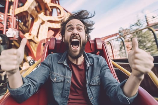 Thrilled man with raised thumbs up enjoying a roller coaster ride