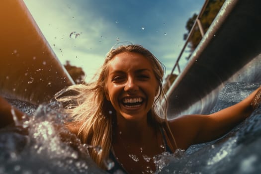 Joyful woman sliding down a water slide, splashing water, sunlit, summer fun.