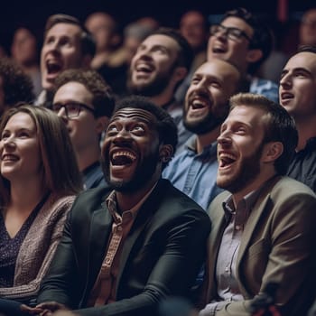 Audience laughing joyfully at a performance or event