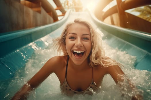 Excited woman sliding down a water slide at a water park.