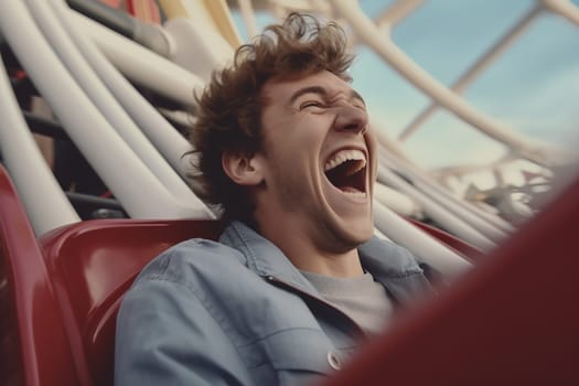 Young man laughing ecstatically while riding a roller coaster.