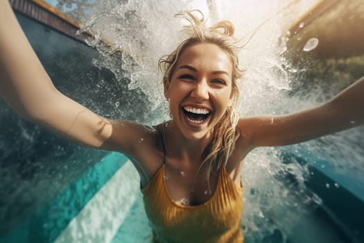Joyful young woman splashing water in a pool on a sunny day