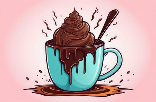 Luxurious and tempting process of pouring rich and creamy chocolate into cup with ice cream, coffee. For advertising, banner, relaxation, menu, dessert, culinary or cafe themed content. Copy space