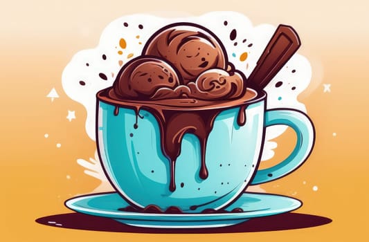 Tempting serving of chocolate ice cream in cup placed on pastel background, highlighting deliciousness of dessert. For advertising, banner, menu, dessert, culinary or cafe themed content. Copy space