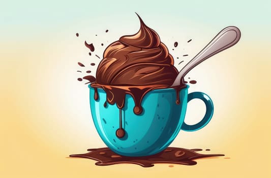 Luxurious and tempting process of pouring rich and creamy chocolate into cup with ice cream, coffee. For advertising, banner, relaxation, menu, dessert, culinary or cafe themed content. Copy space