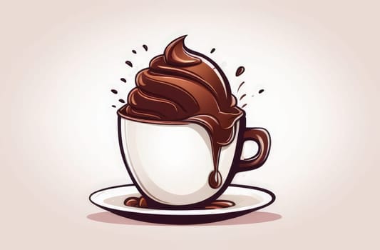 Luxurious and tempting process of pouring rich and creamy chocolate into cup with ice cream, coffee. For advertising, banner, relaxation, menu, dessert, culinary or cafe themed content. Copy space