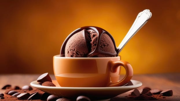 Combines elements of coffee cup, ice cream, chocolate creating visually appealing luxurious image against dark backdrop. For advertising, banner, menu, dessert, cafe themed content. Copy space