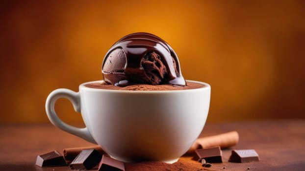 Cup of coffee topped with creamy ice cream and decadent chocolate, set against dark background. For advertising, banner, relaxation, lifestyle, menu, dessert, culinary cafe themed content. Copy space