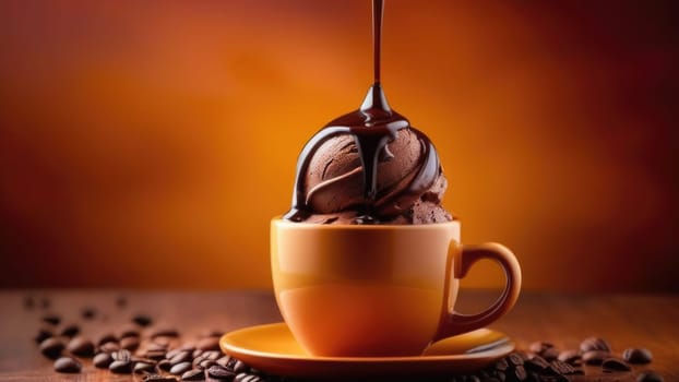 Luxurious and tempting process of pouring rich and creamy chocolate into cup with ice cream, coffee. For advertising, banner, relaxation, menu, dessert, culinary or cafe themed content. Copy space
