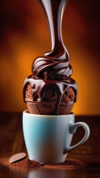Luxurious and tempting process of pouring rich and creamy chocolate into cup with ice cream, coffee. For advertising, banner, relaxation, menu, dessert, culinary or cafe themed content. Copy space