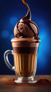 Luxurious and tempting process of pouring rich and creamy chocolate into cup with ice cream, coffee. For advertising, banner, relaxation, menu, dessert, culinary or cafe themed content. Copy space